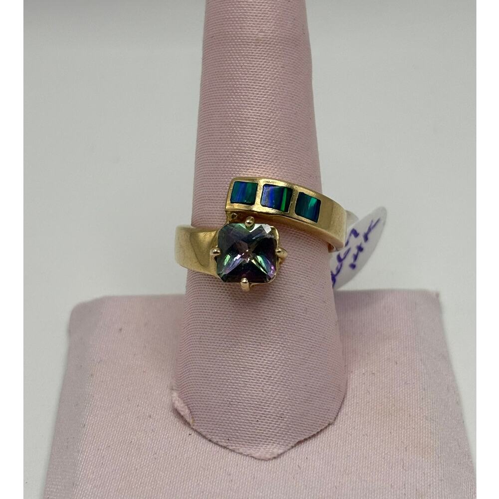 14K Yellow Gold Mystic Topaz Blue Created Opal Statement Ring Size 8 #79805